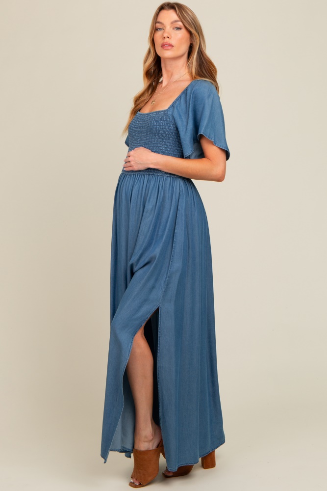 blue chambray smocked maternity maxi dress