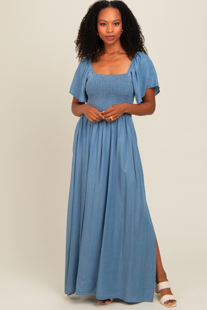 light blue chambray smocked maxi dress