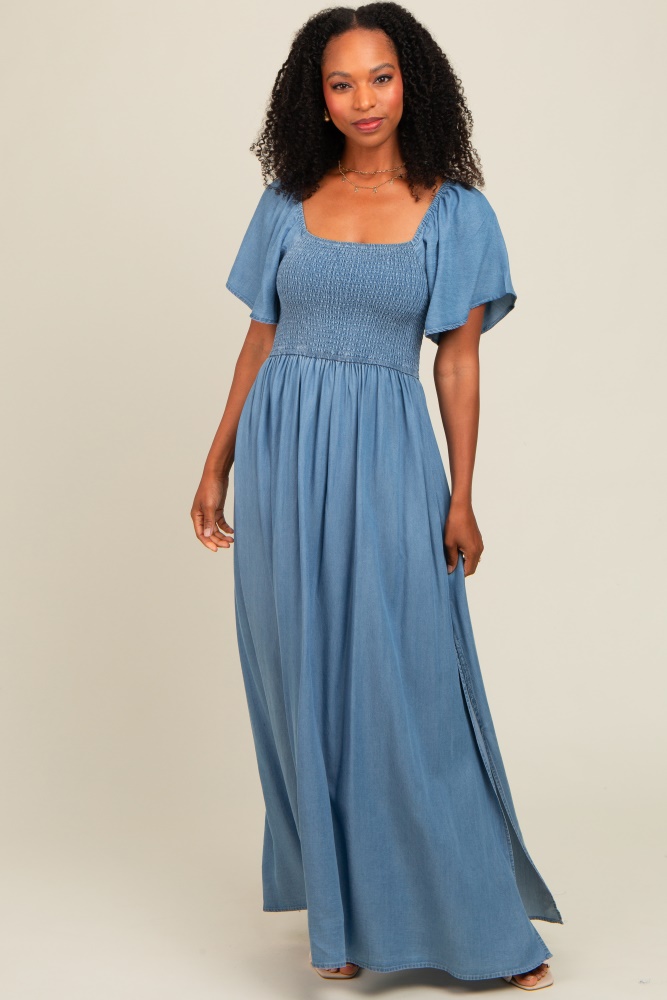 high waist smock a line dress Royal Blue Prom Dresses with High-thigh Slit – loveangeldress main image 0