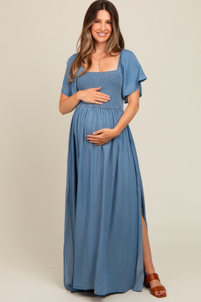 light blue chambray smocked maternity maxi dress