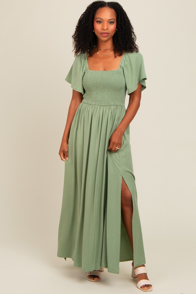 light olive chambray smocked maxi dress