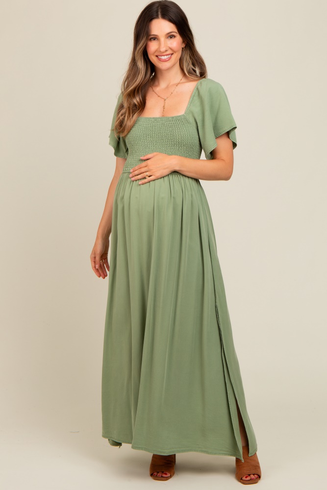 light olive chambray smocked maternity maxi dress