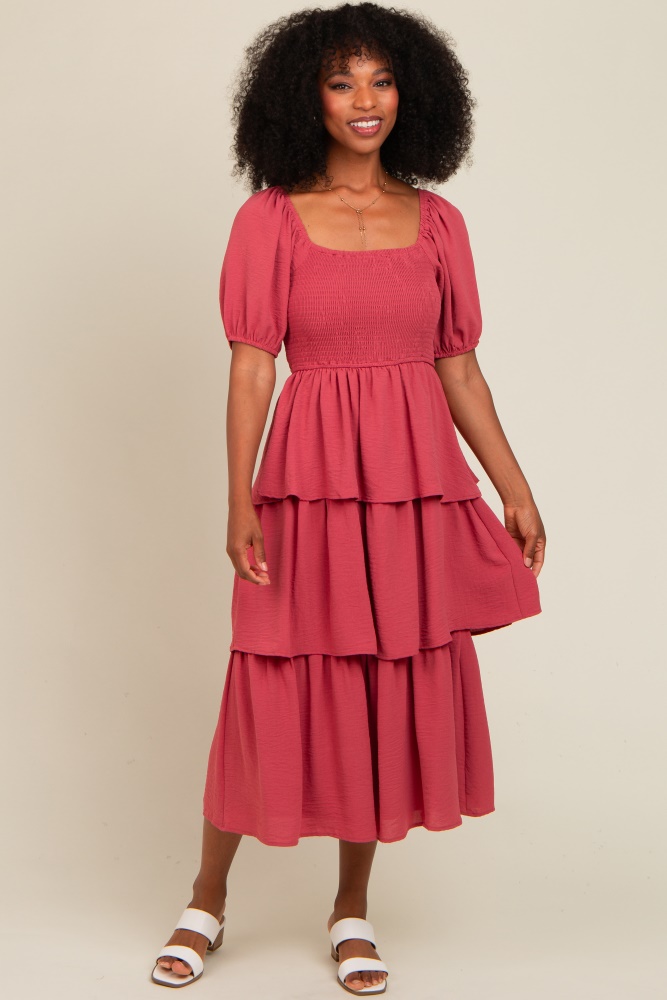 magenta smocked body ruffled tiered midi dress