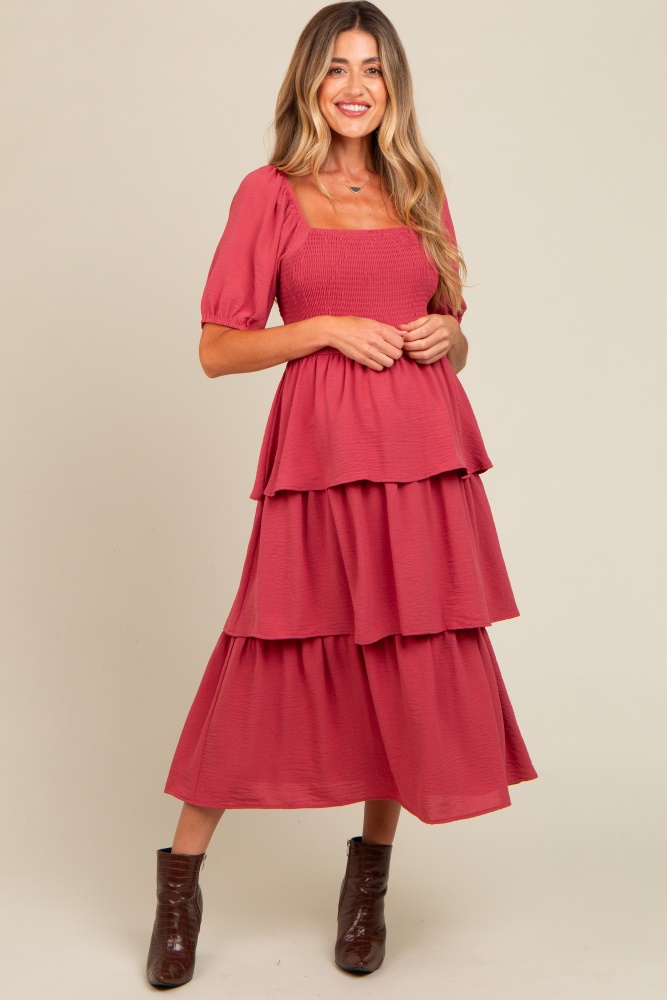 magenta smocked body ruffled tiered maternity midi dress