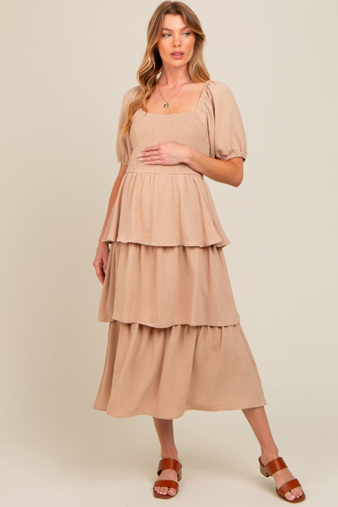 mocha smocked body ruffled tiered maternity midi dress