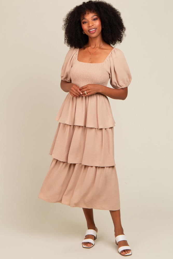 mocha smocked body ruffled tiered midi dress