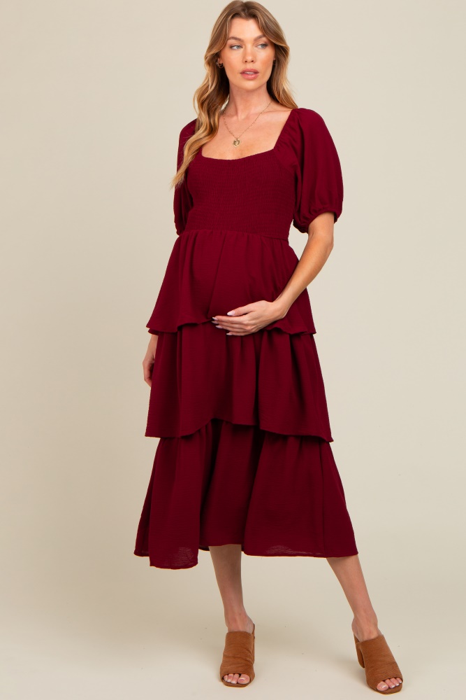 burgundy smocked body ruffled tiered maternity midi dress