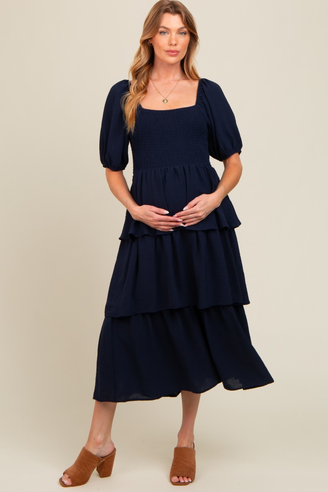 navy smocked body ruffled tiered maternity midi dress