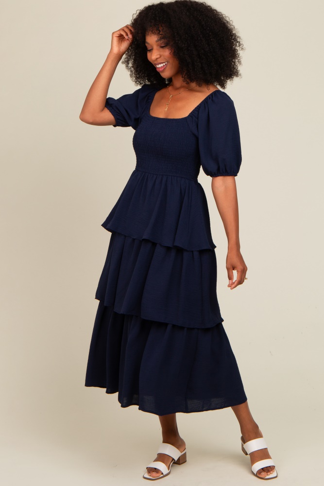 navy smocked body ruffled tiered midi dress