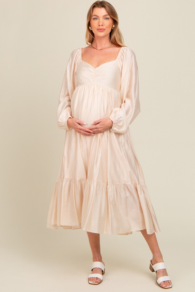 beige front ruched babydoll maternity midi dress