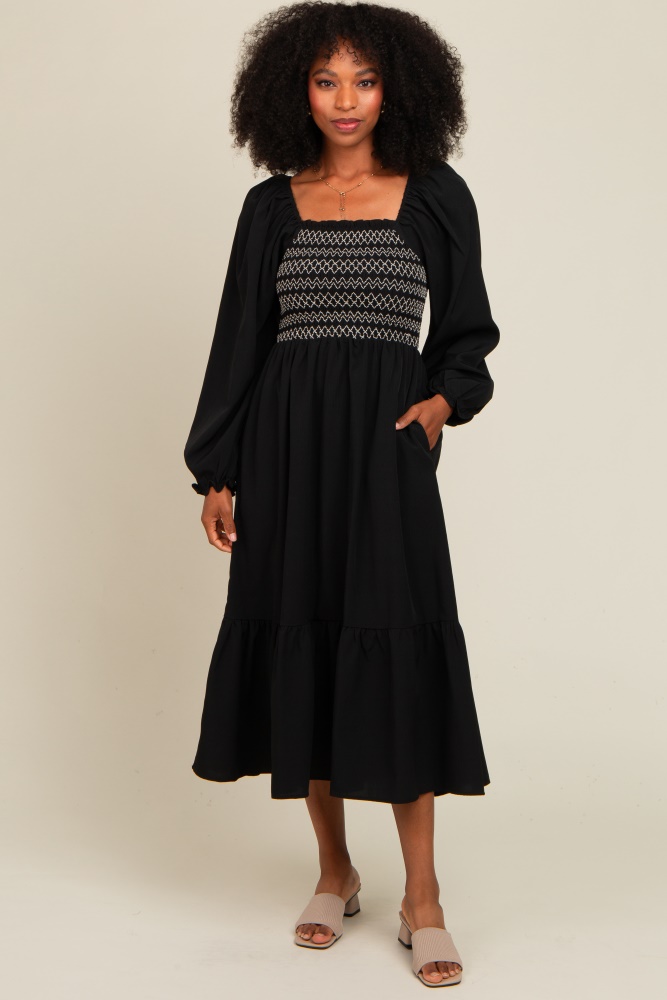 black contrast smocked balloon sleeve midi dress