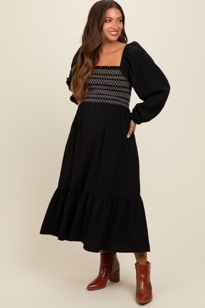 black contrast smocked balloon sleeve maternity midi dress