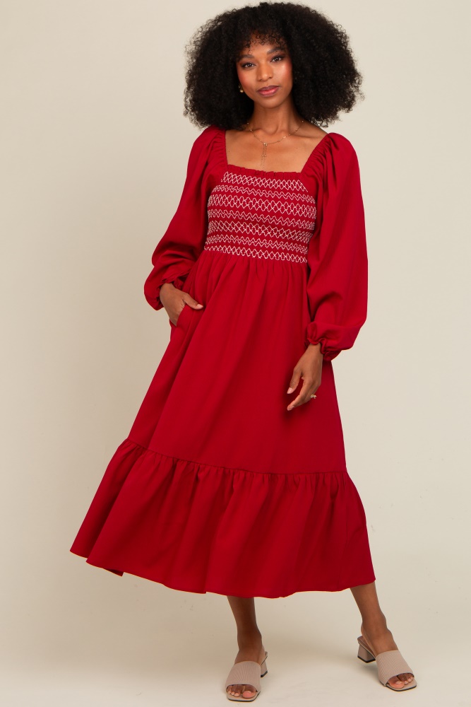 burgundy contrast smocked balloon sleeve midi dress