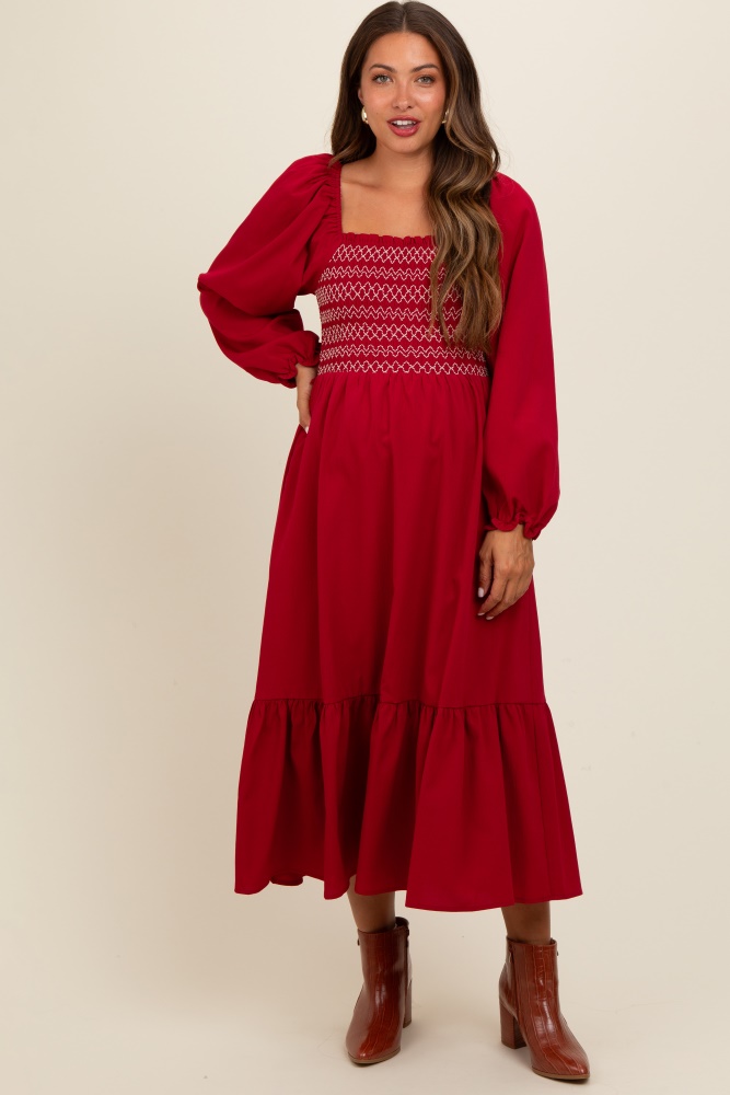 burgundy contrast smocked balloon sleeve maternity midi dress