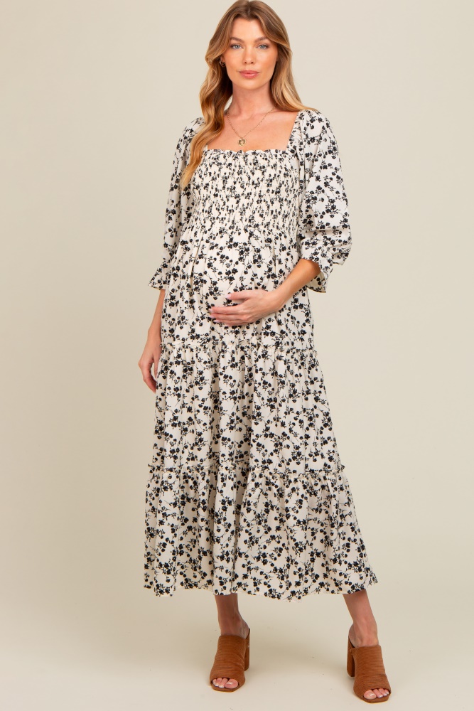 cream smocked tiered pocketed maternity midi dress