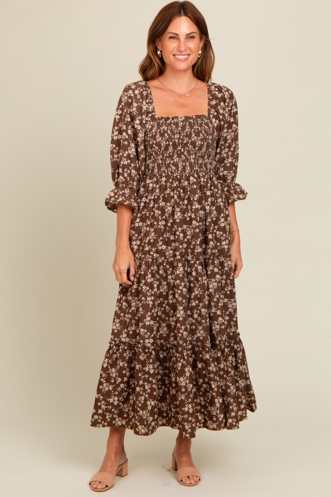 brown smocked tiered pocketed midi dress