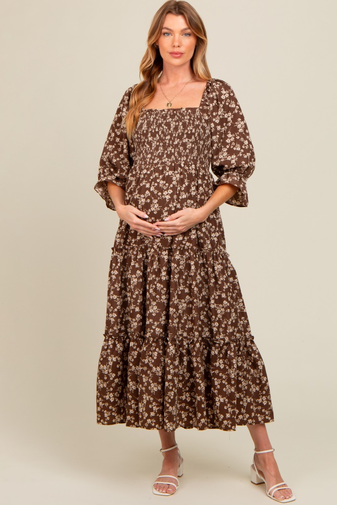 brown smocked tiered pocketed maternity midi dress