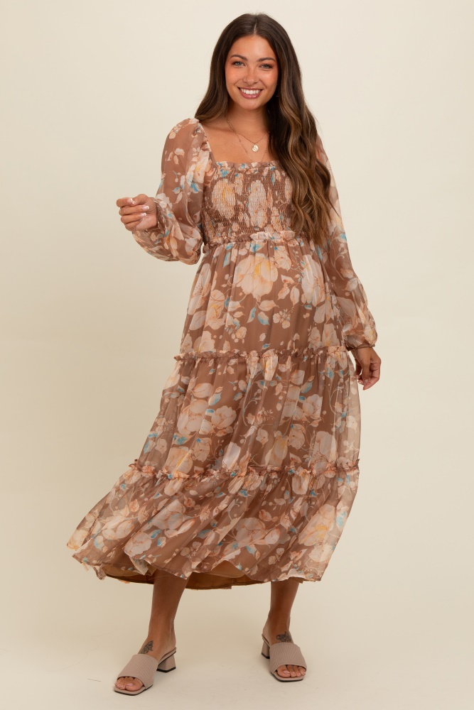 mocha floral square neck smocked maternity midi dress