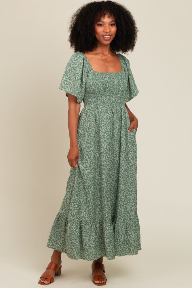 sage flowy ditsy floral smocked midi dress