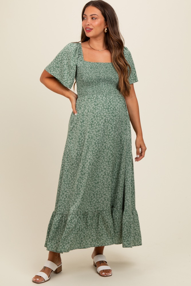 sage flowy ditsy floral smocked maternity midi dress