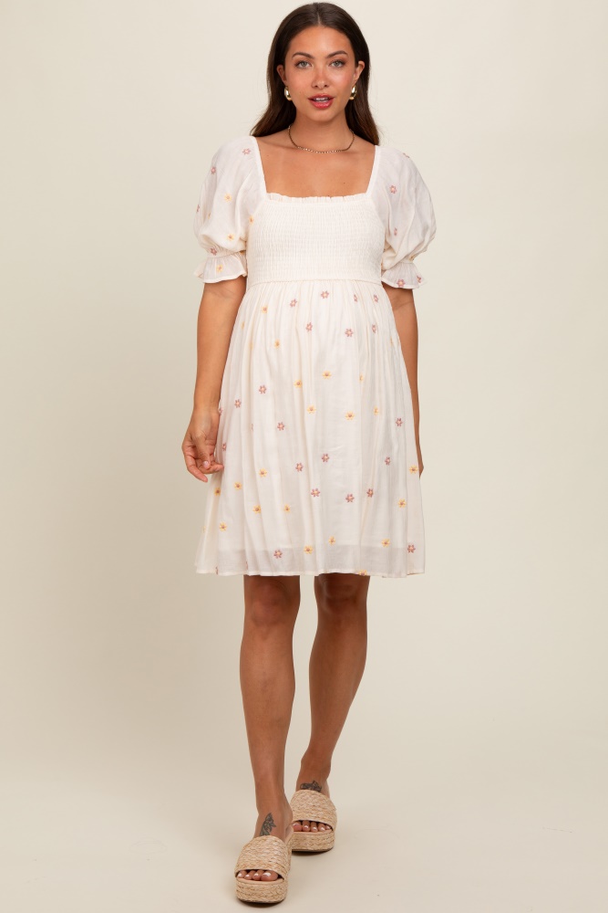 cream floral embroidered smocked maternity dress