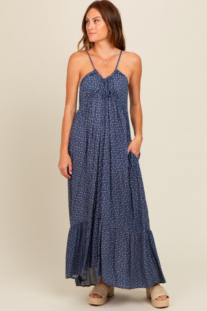 blue floral tie front maxi dress