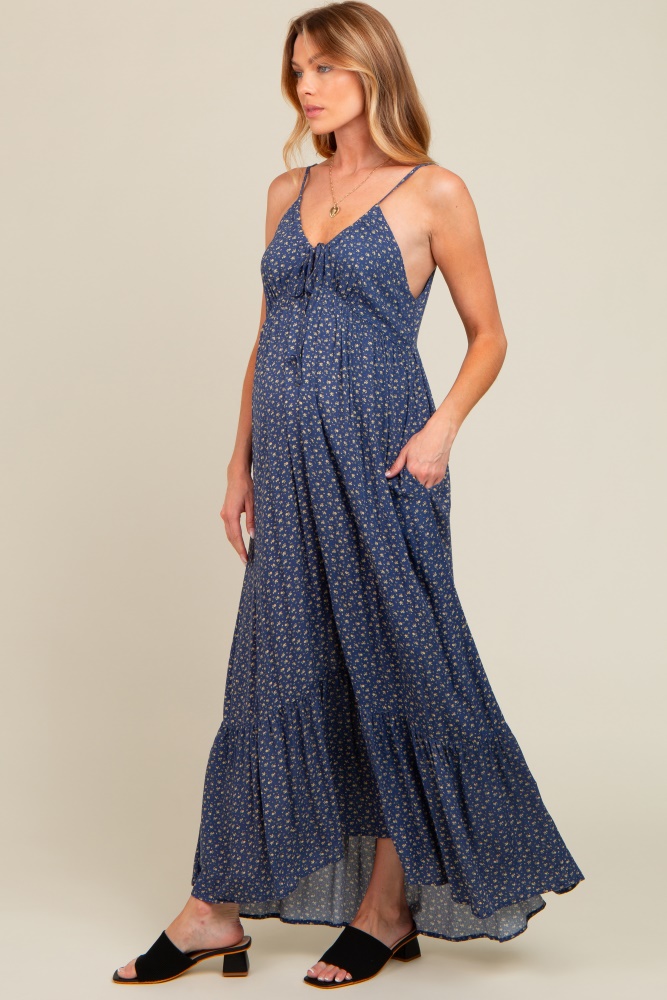 blue floral tie front maternity maxi dress