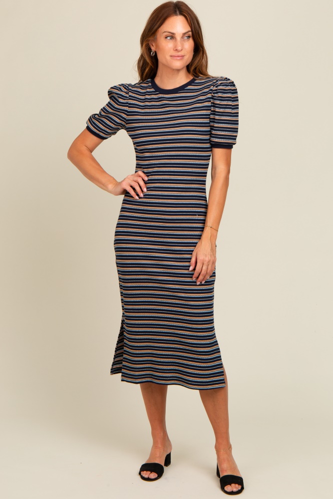 navy multi striped puff sleeve midi dress