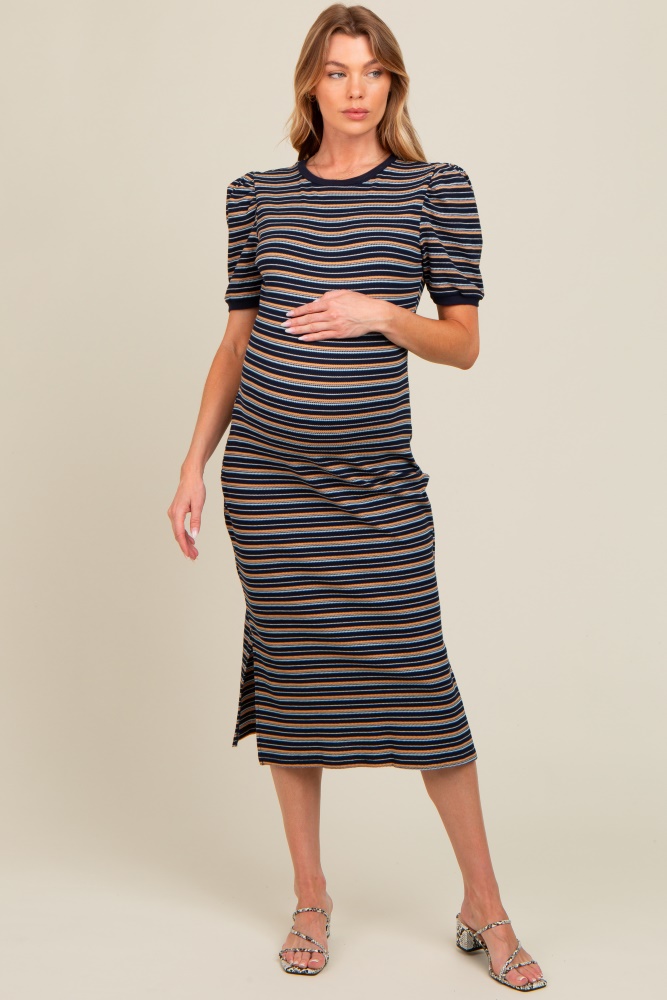 navy multi striped puff sleeve maternity midi dress