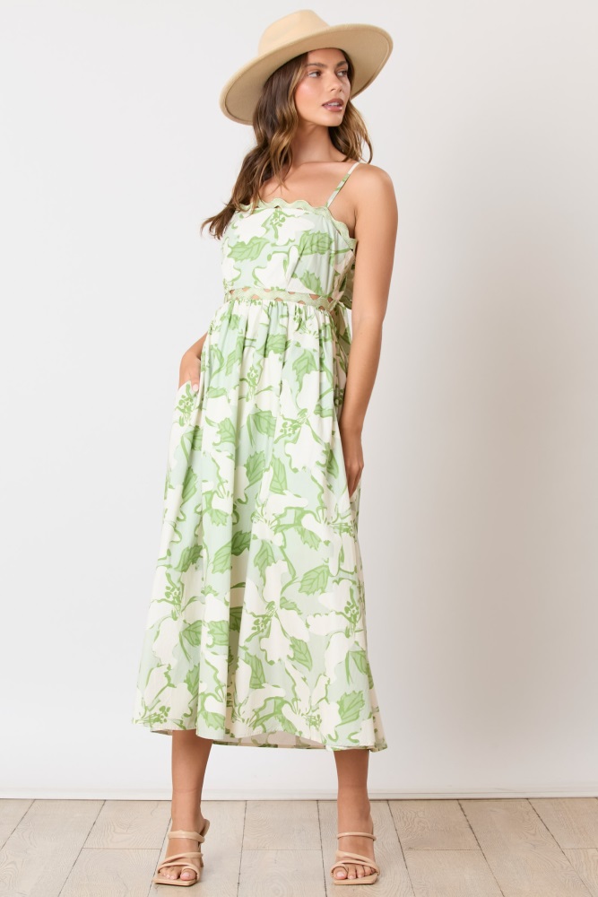 green floral wave trim back tie midi dress