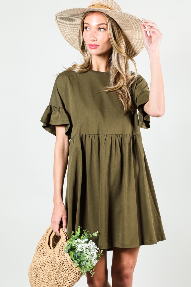 olive ruffle sleeve dress