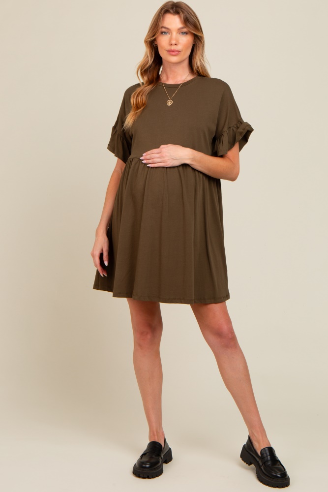 olive ruffle sleeve maternity dress