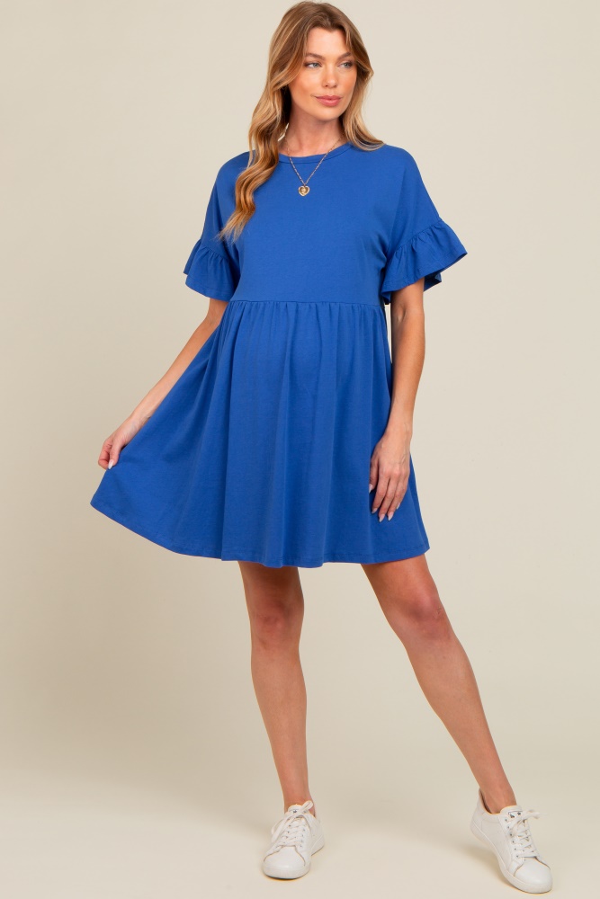 royal blue ruffle sleeve maternity dress