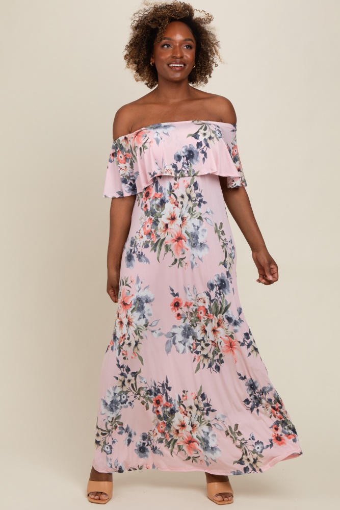 pink off shoulder floral ruffle maxi dress