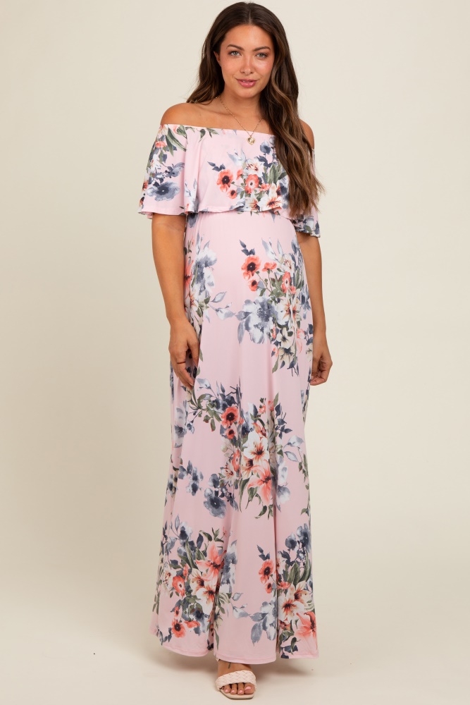 pink off shoulder floral ruffle maternity maxi dress