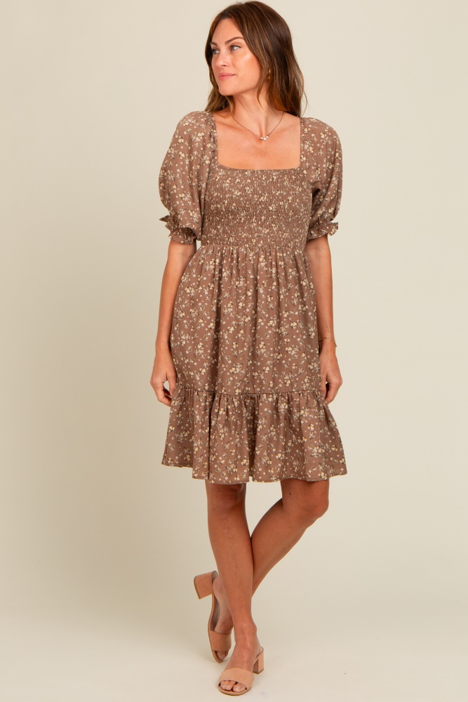 mocha floral smocked puff sleeve dress