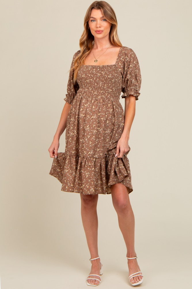 mocha floral smocked puff sleeve maternity dress