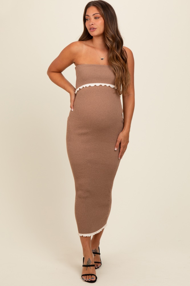 taupe contrast trim maternity strapless knit dress