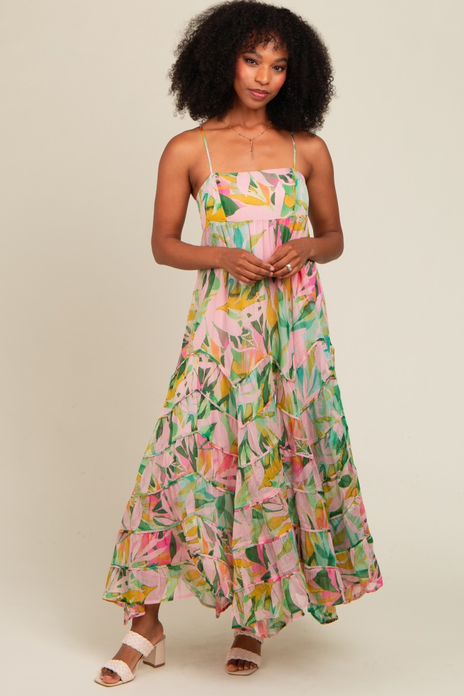 pink floral tiered ruffle hem maxi dress