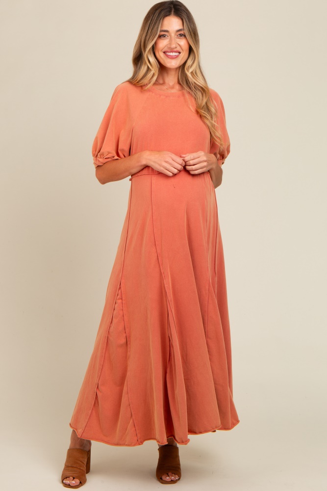 rust vintage wash puff sleeve maternity maxi dress