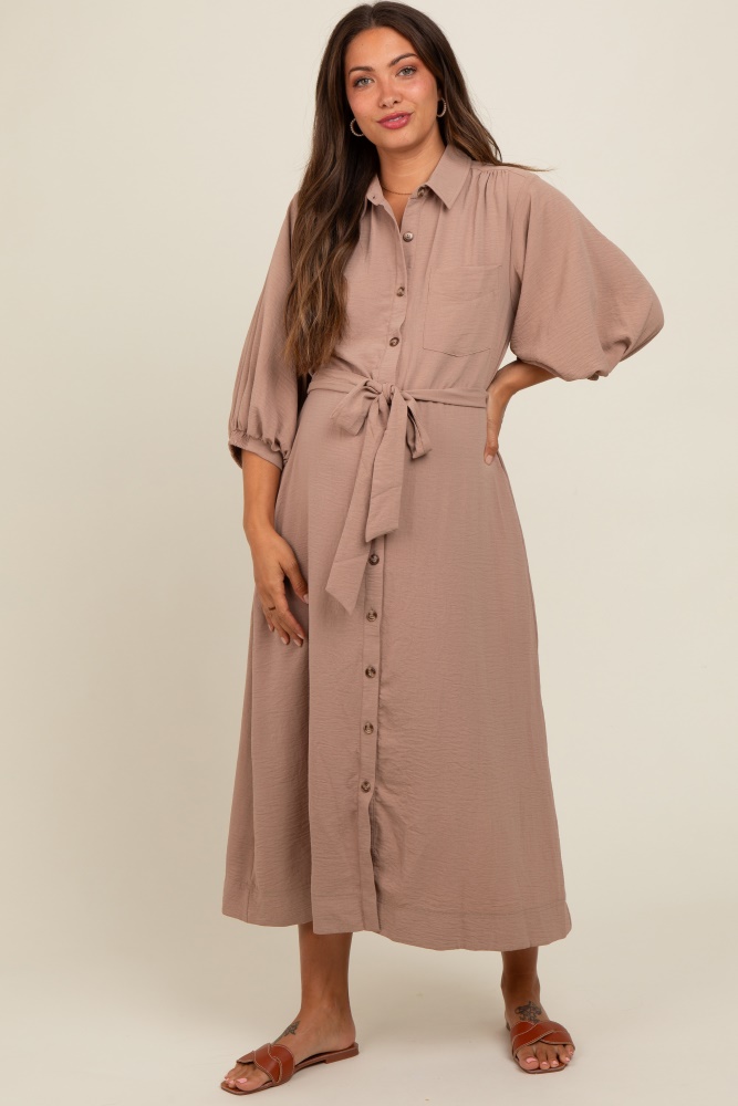 mocha button down maternity shirt dress