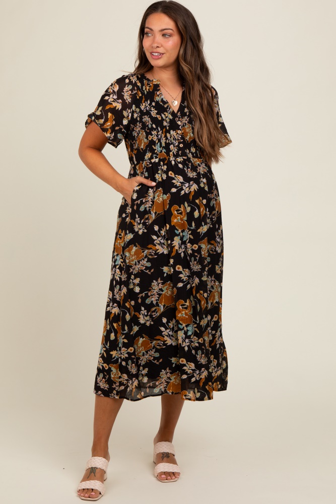 black smocked floral maternity midi dress