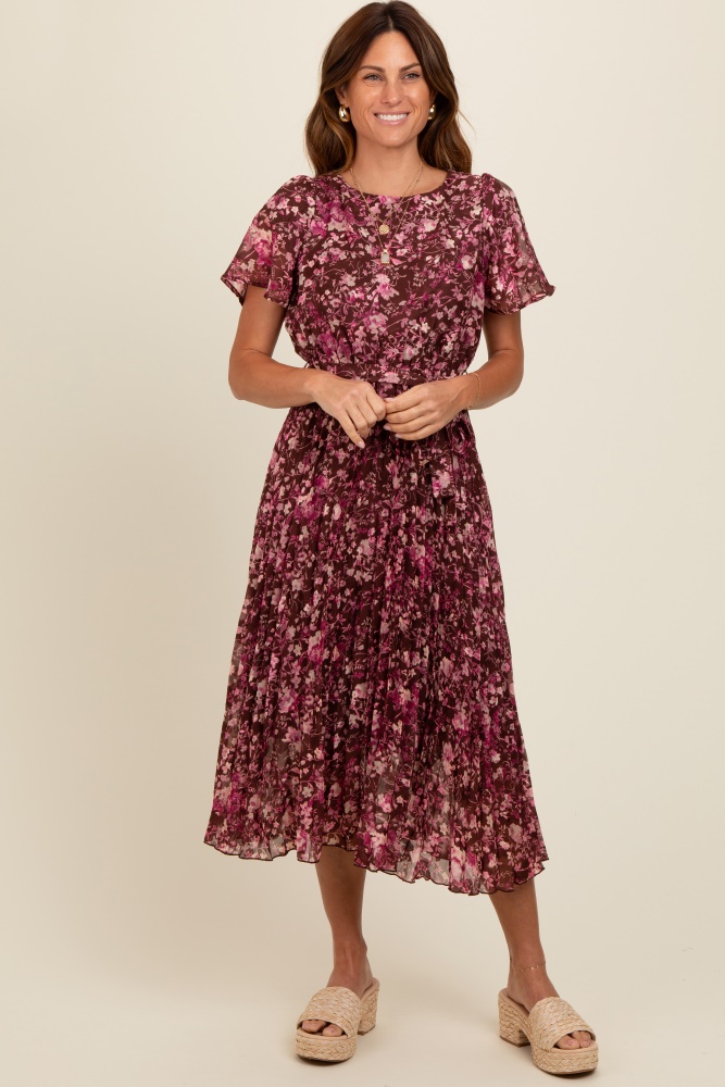 brown floral pleated midi dress