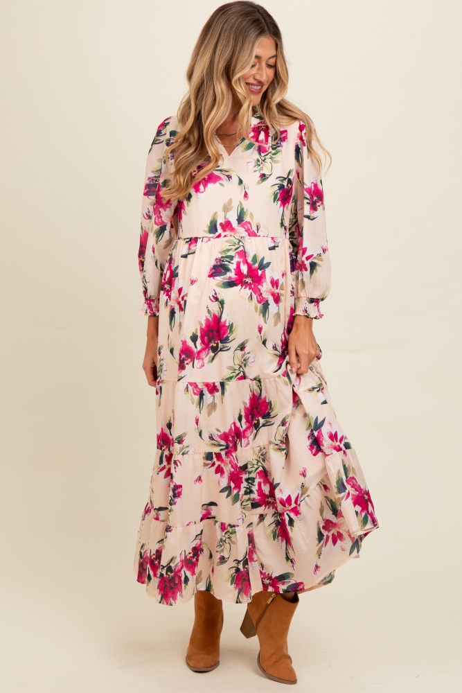 peach floral v-neck tiered maternity midi dress