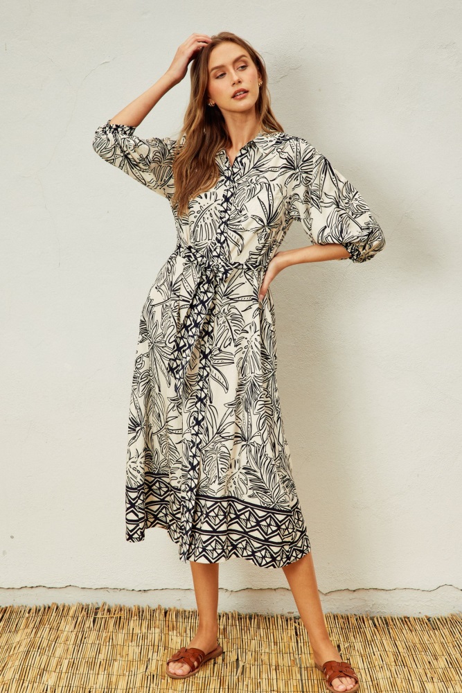 black tropical print button down shirt dress