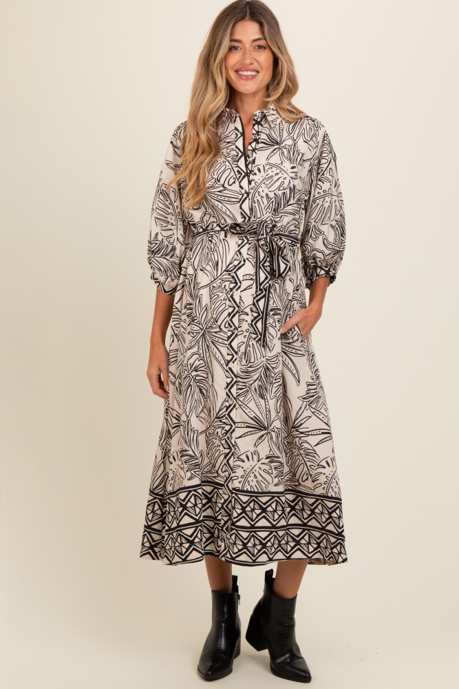 black tropical print button down maternity shirt dress