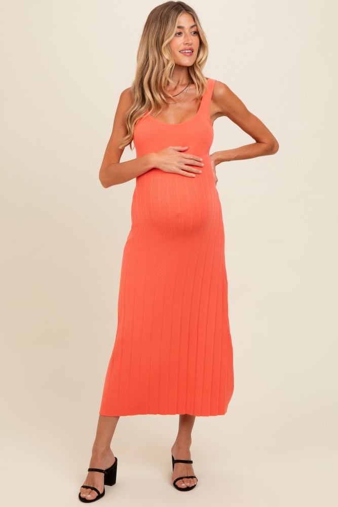 orange knit ribbed fitted maternity midi dress