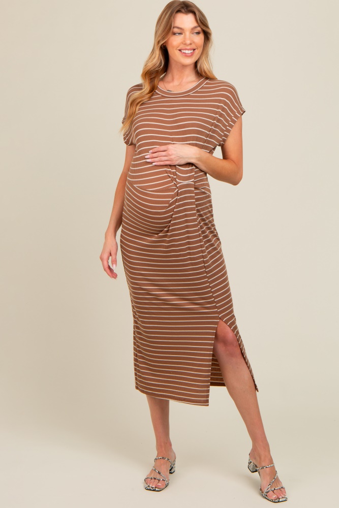 brown striped gathered waist maternity dress