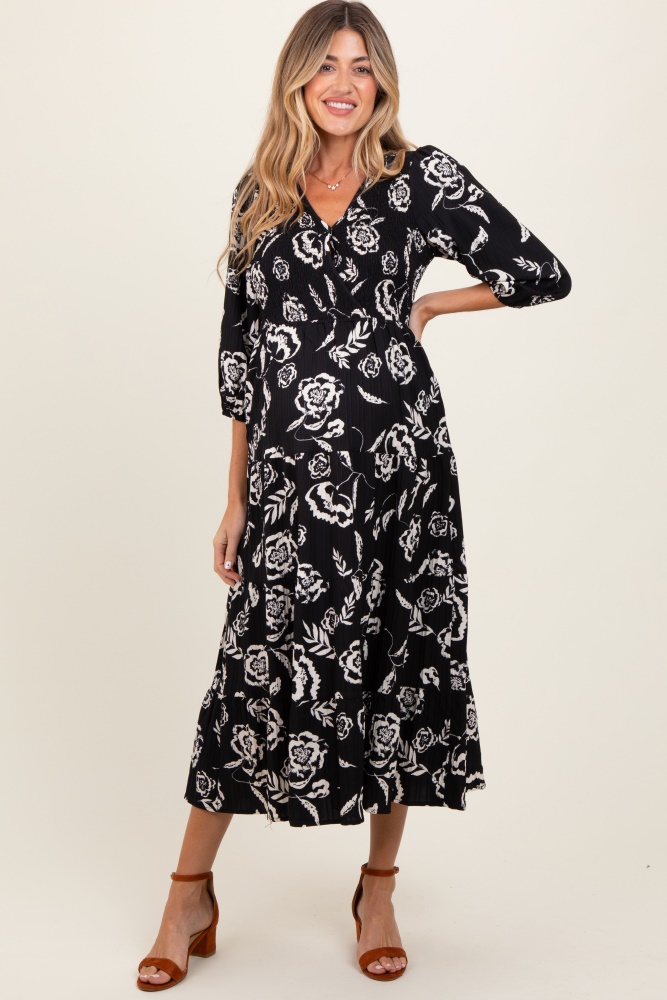 black floral smocked tiered maternity dress