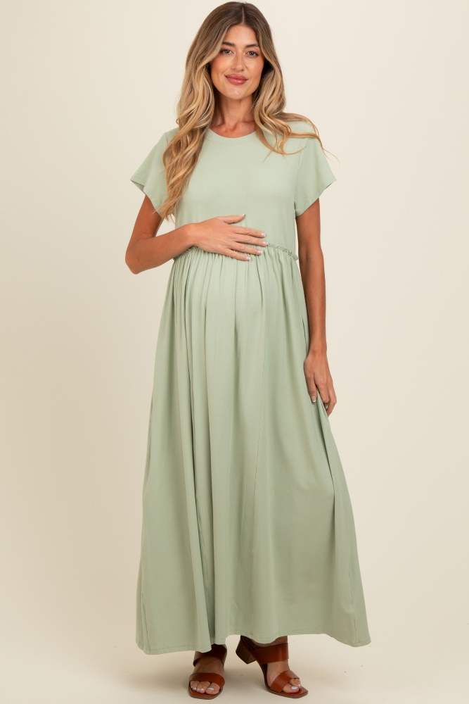 light olive ruffle trim maternity maxi dress